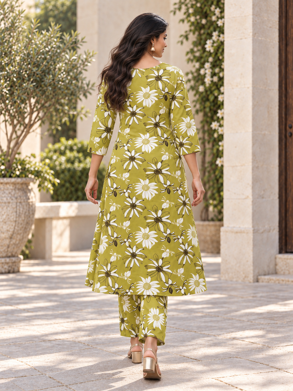 Pear Green Floral Rayon Kurta Palazzo Set - product view 4