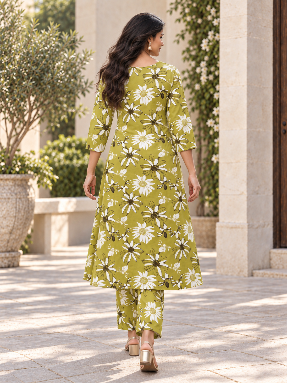 Pear Green Floral Rayon Kurta Palazzo Set - product view 4