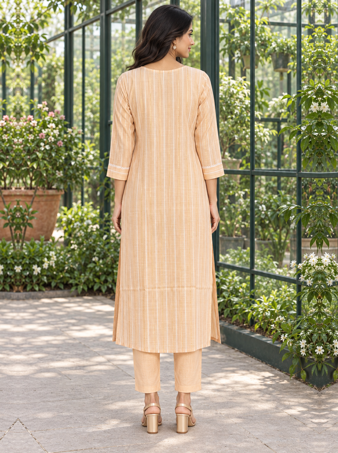 Light Orange Embroidered Cotton Kurta Pant Set - product view 5