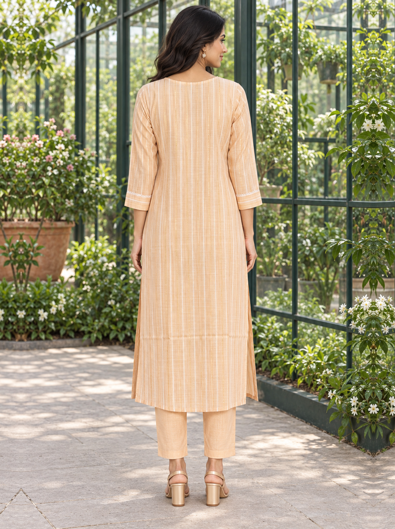 Light Orange Embroidered Cotton Kurta Pant Set