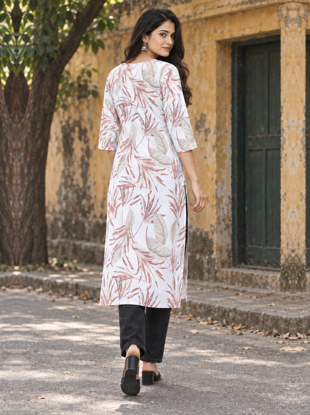 White Pastel Leaf Print Cotton Kurti - product view 4