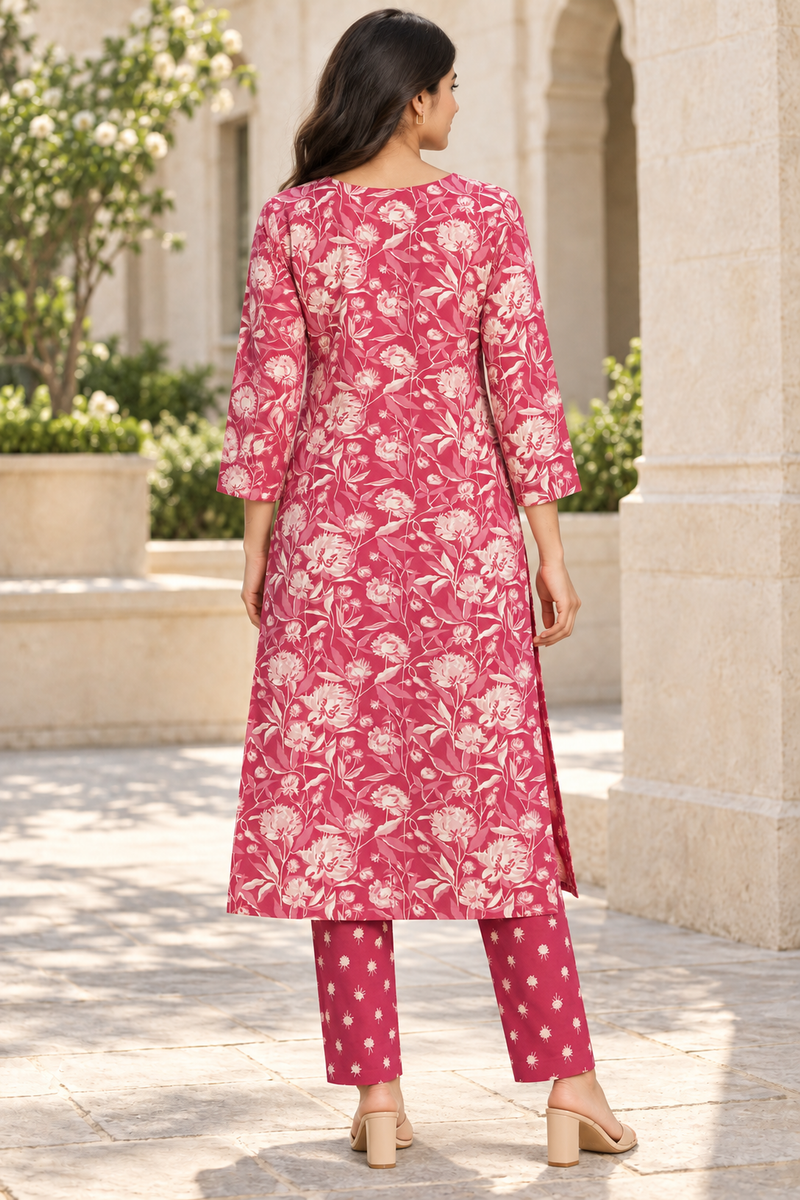Onion Pink Floral Poly-Cotton Kurta Set