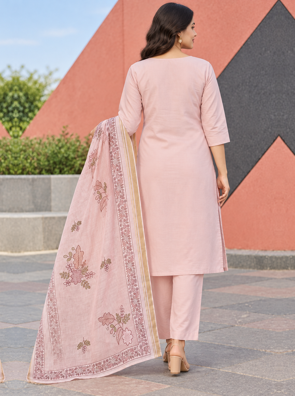 Blushing Peach Embroidered Chanderi Suit Set - product view 4