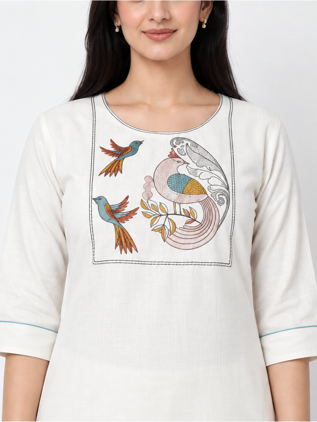 Off-White Bird Embroidered Cotton-Blend Kurti - product view 5