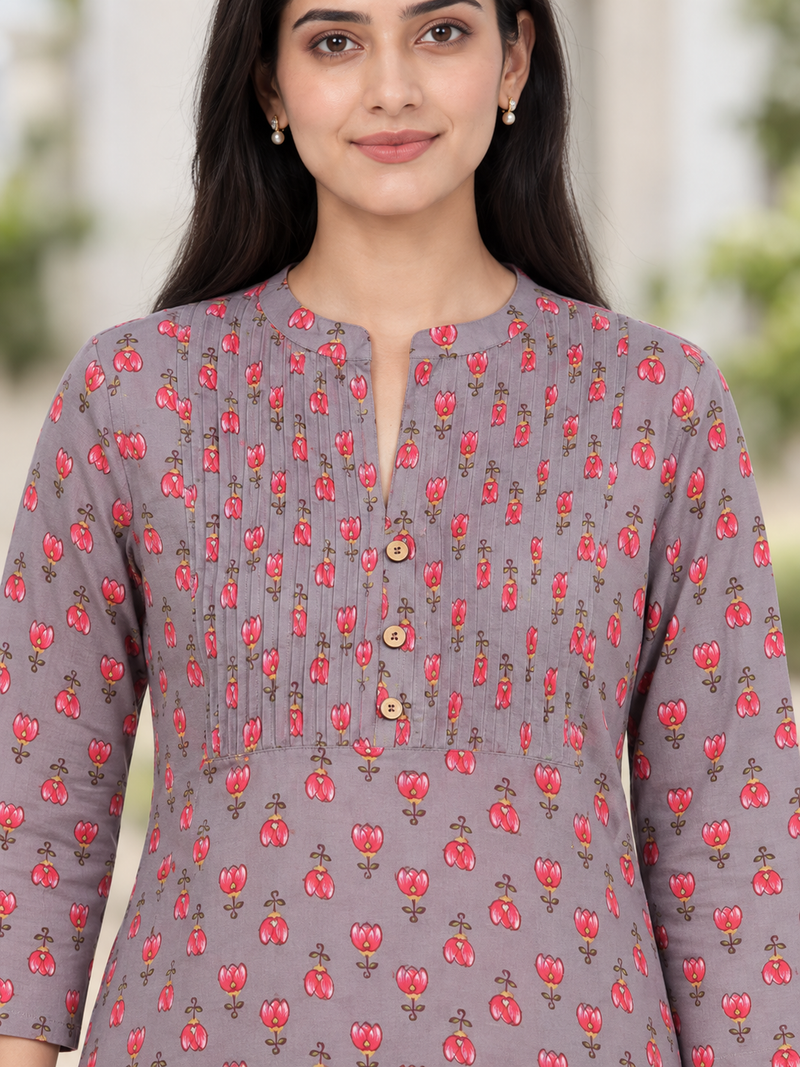 Dark Grey Tulip Print Cotton Kurti