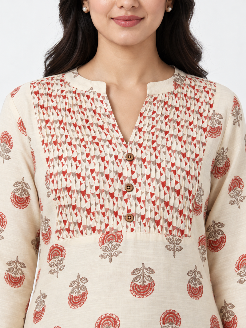 Ivory Botanical Print Cotton Kurti