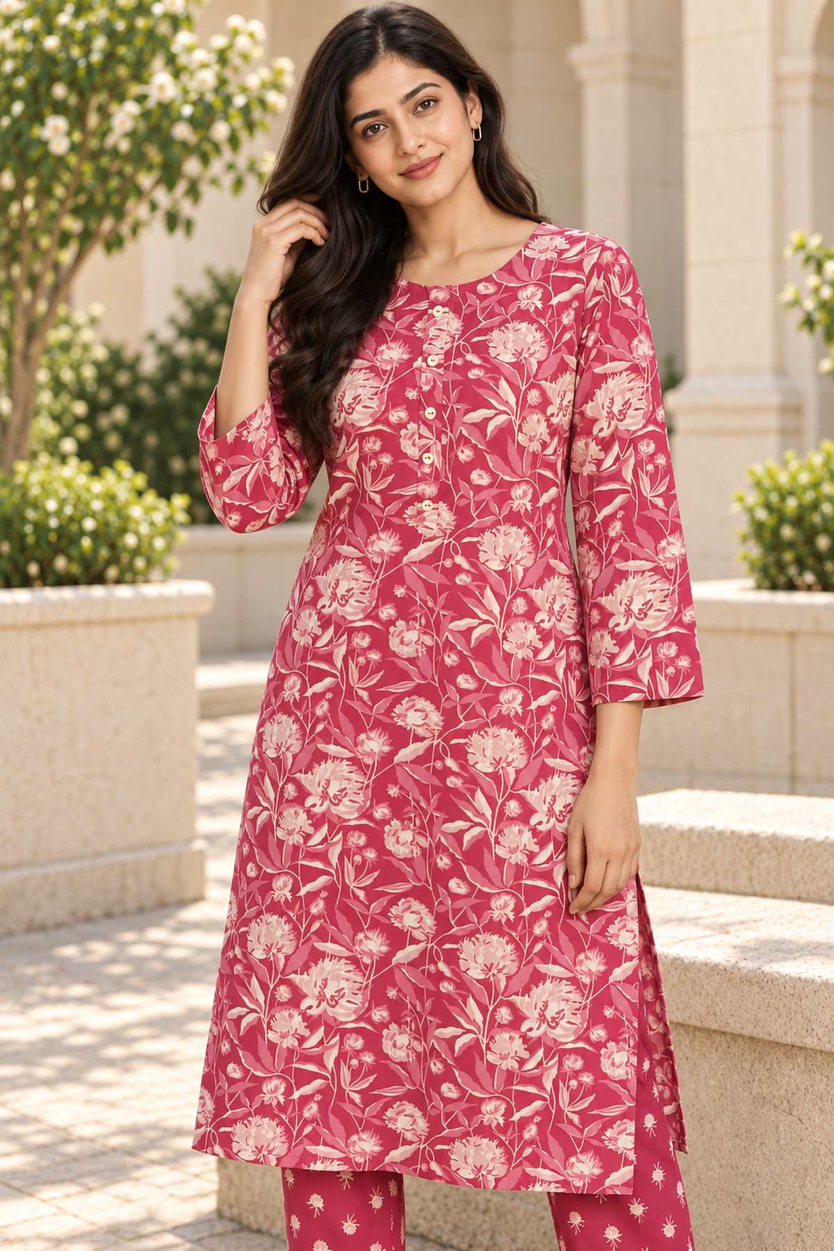 Onion Pink Floral Poly-Cotton Kurta Set - product view 5