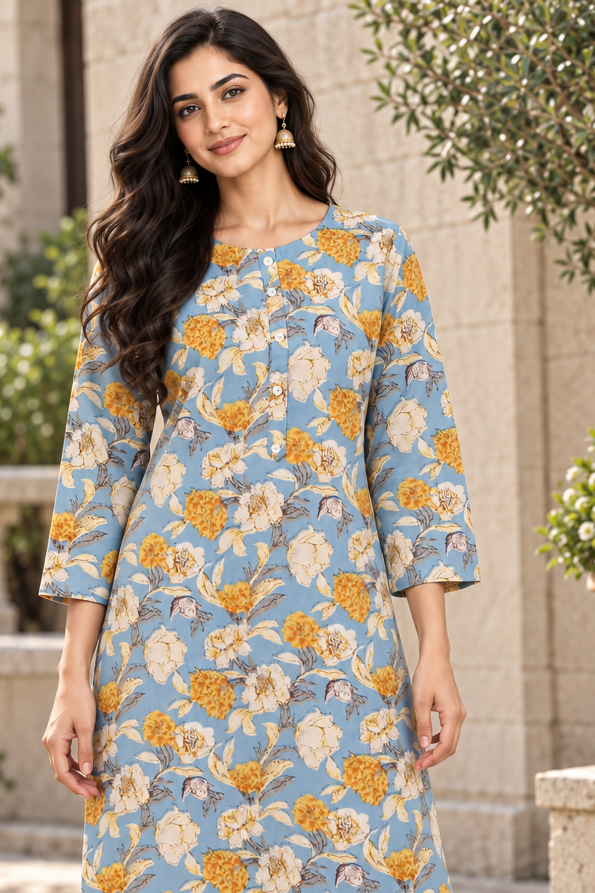 Powder Blue Floral Poly-Cotton Kurta Set - product view 5