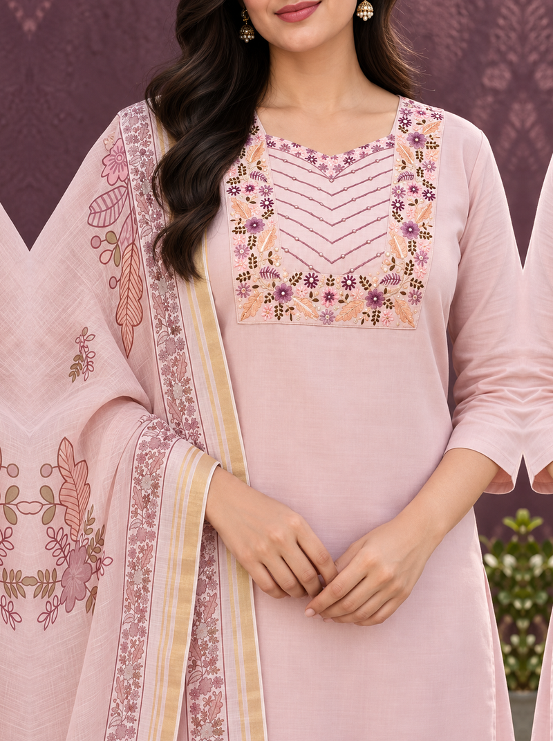 Blushing Peach Embroidered Chanderi Suit Set