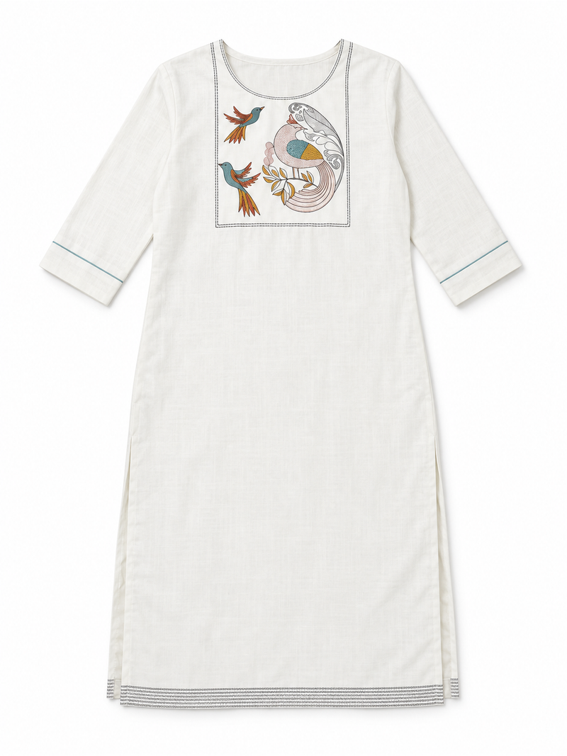 Off-White Bird Embroidered Cotton-Blend Kurti