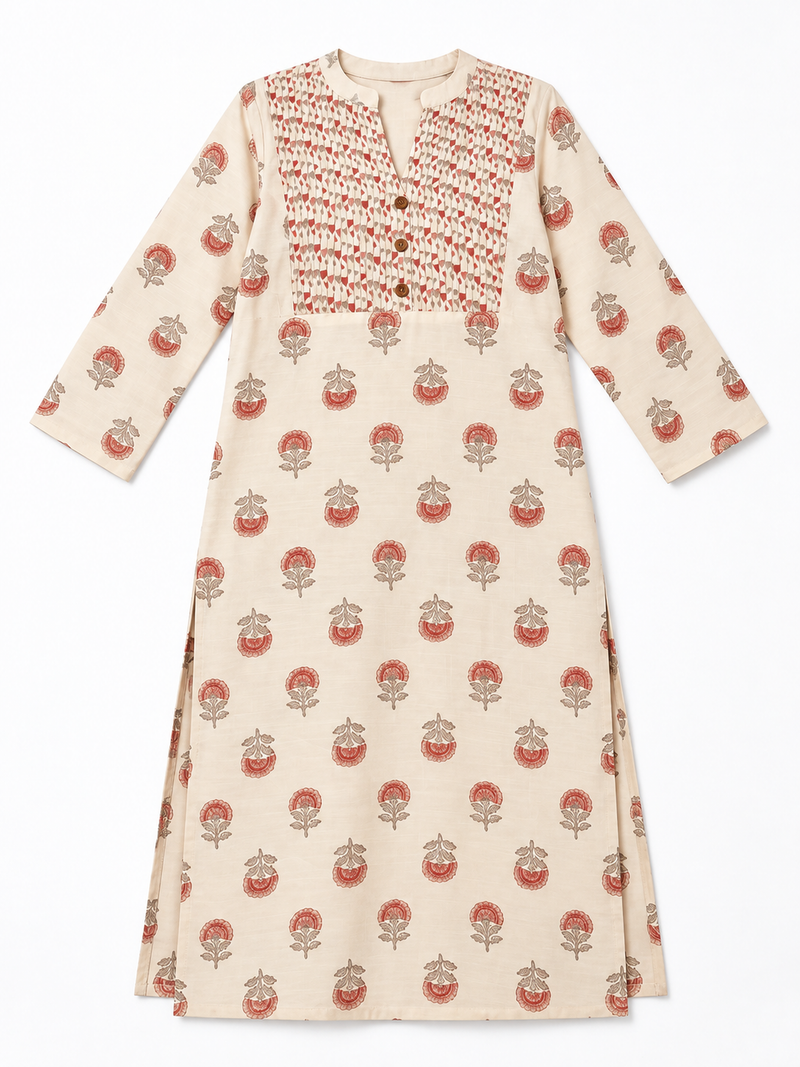 Ivory Botanical Print Cotton Kurti