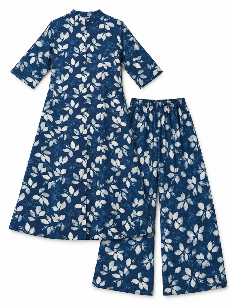 Navy Floral Rayon Kurta Palazzo Set