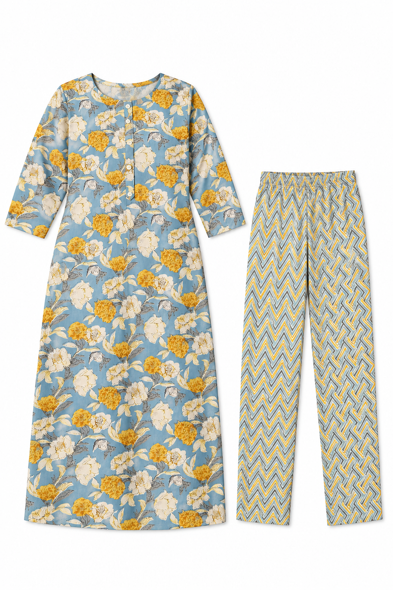 Powder Blue Floral Poly-Cotton Kurta Set