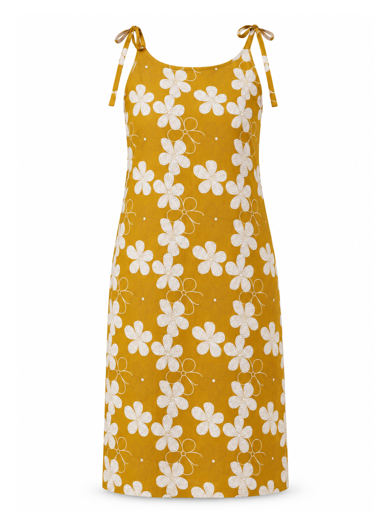 Mustard Floral Tie-Shoulder Cotton Kurti