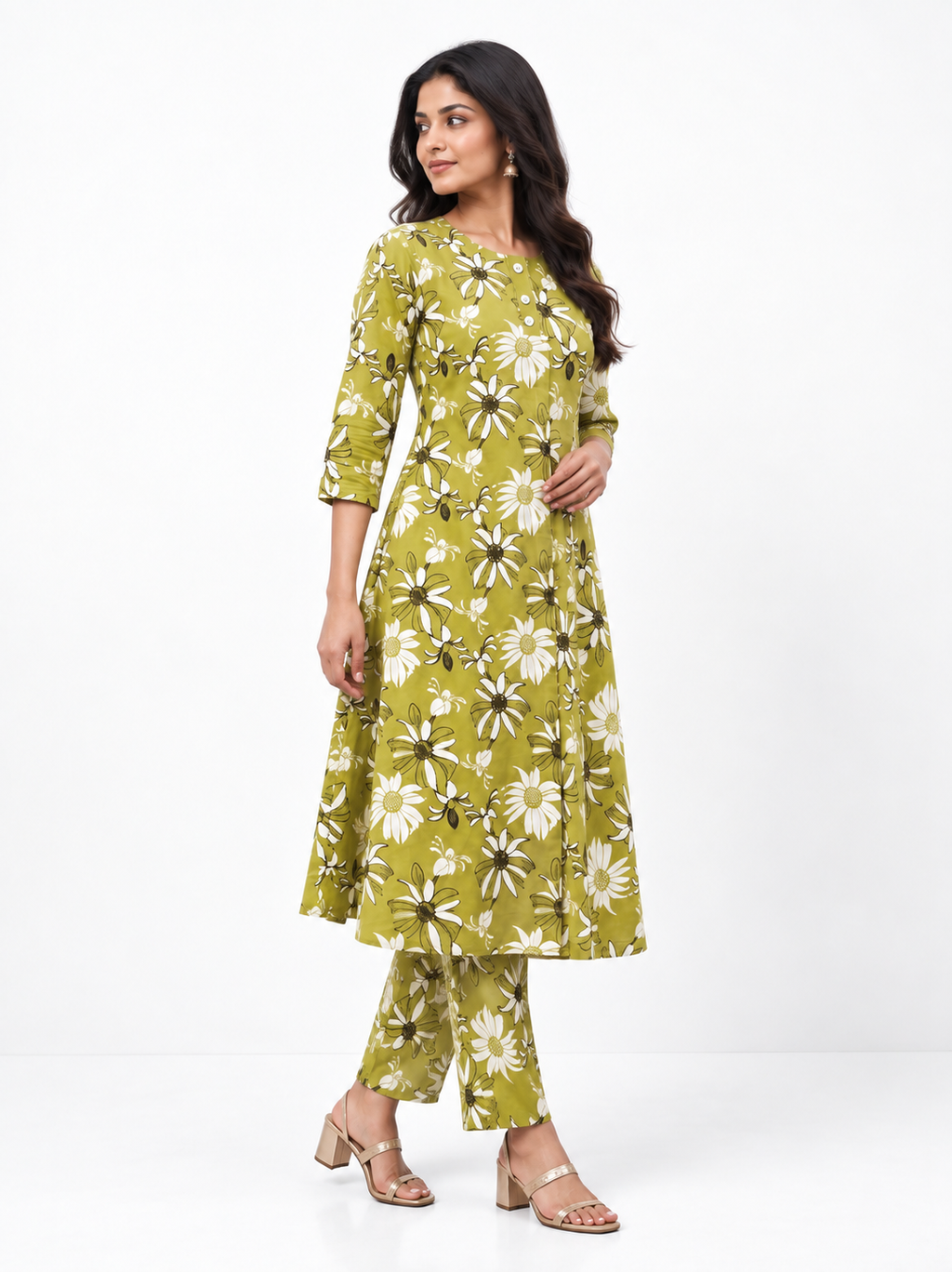 Pear Green Floral Rayon Kurta Palazzo Set - product view 2
