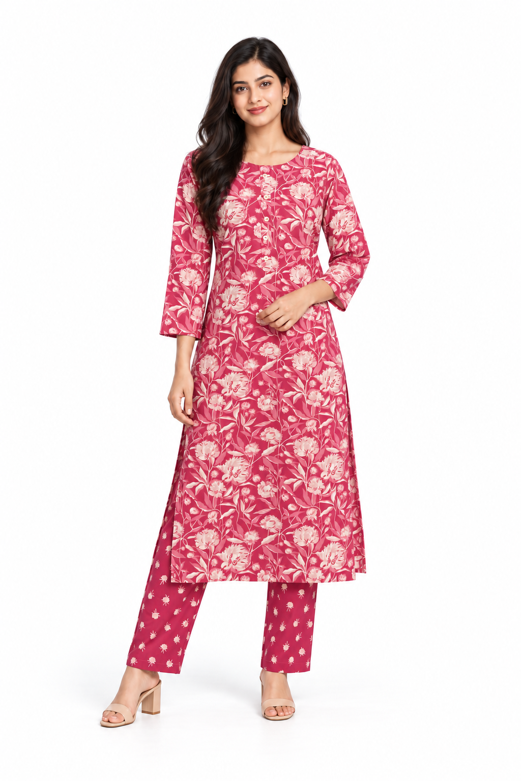 Onion Pink Floral Poly-Cotton Kurta Set - product view 1