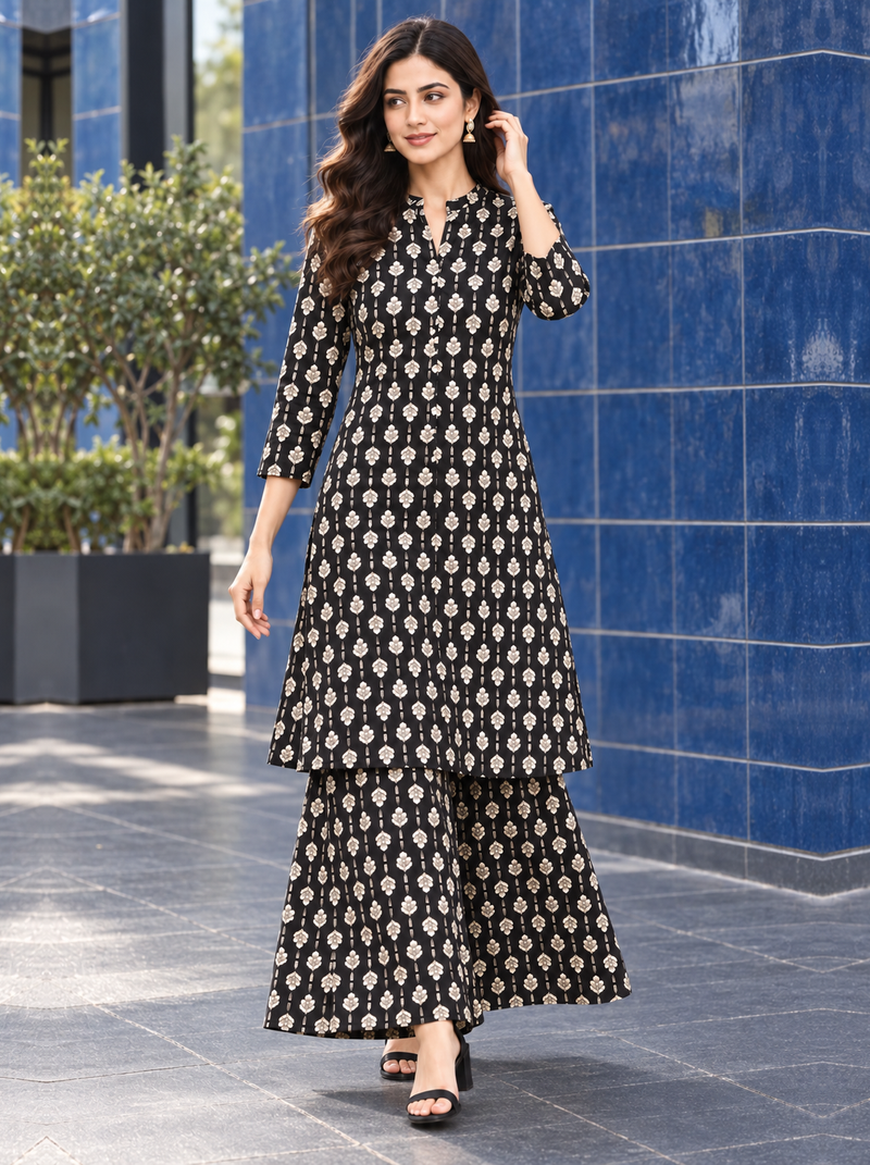 Black Printed Rayon Kurta Palazzo Set