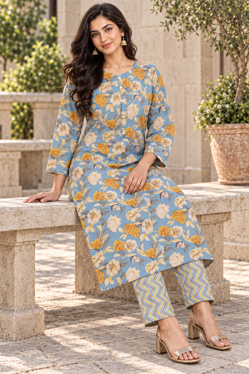 Powder Blue Floral Poly-Cotton Kurta Set