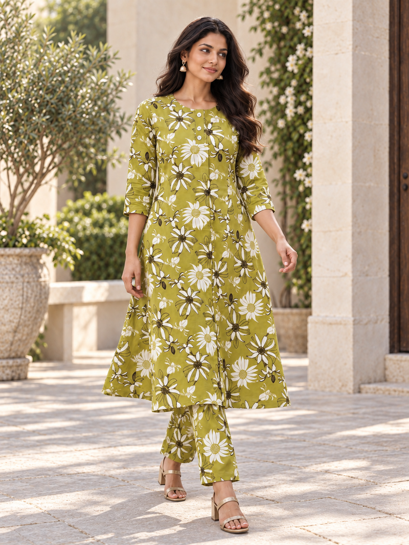 Pear Green Floral Rayon Kurta Palazzo Set