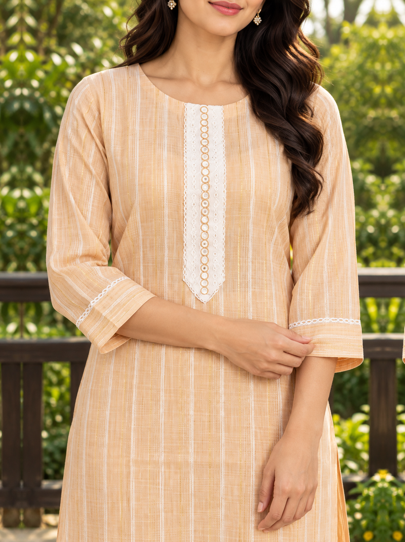 Light Orange Embroidered Cotton Kurta Pant Set
