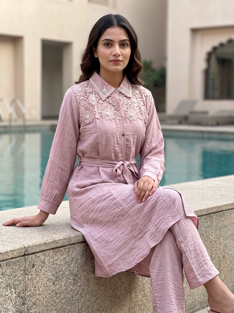 Embellished Belted Shimmer Co-ord Set
