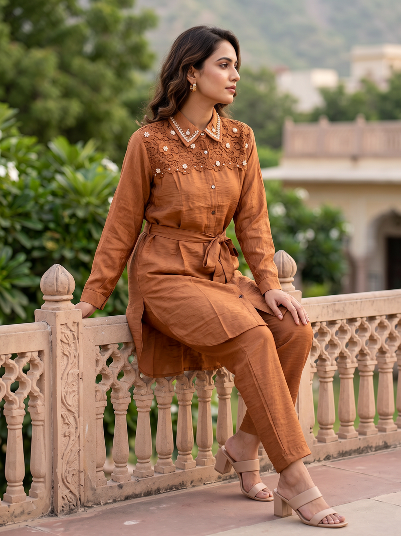 Embellished Belted Shimmer Co-ord Set