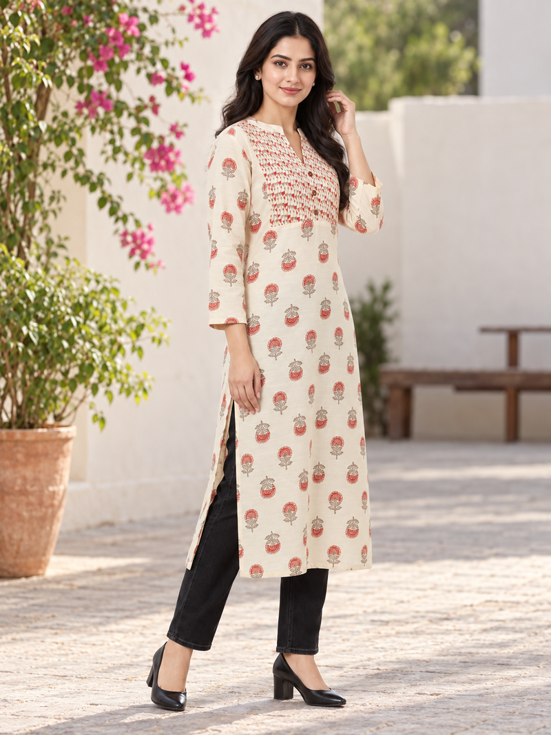 Ivory Botanical Print Cotton Kurti