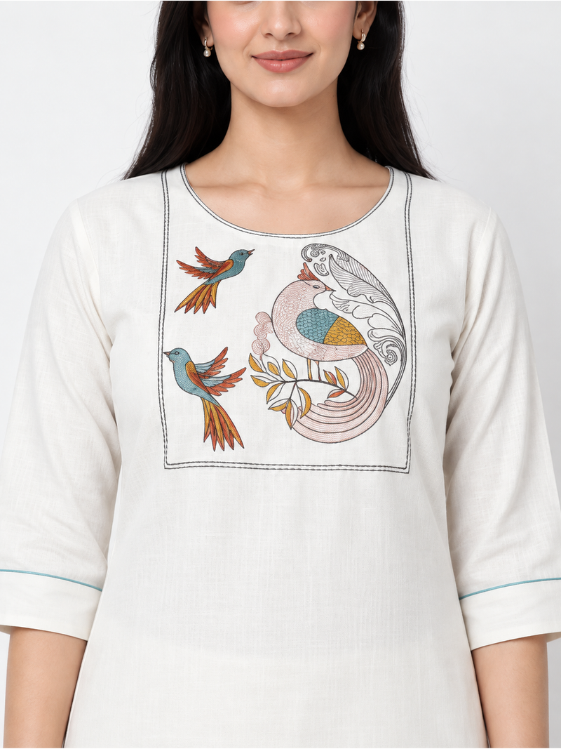 Off-White Bird Embroidered Cotton-Blend Kurti