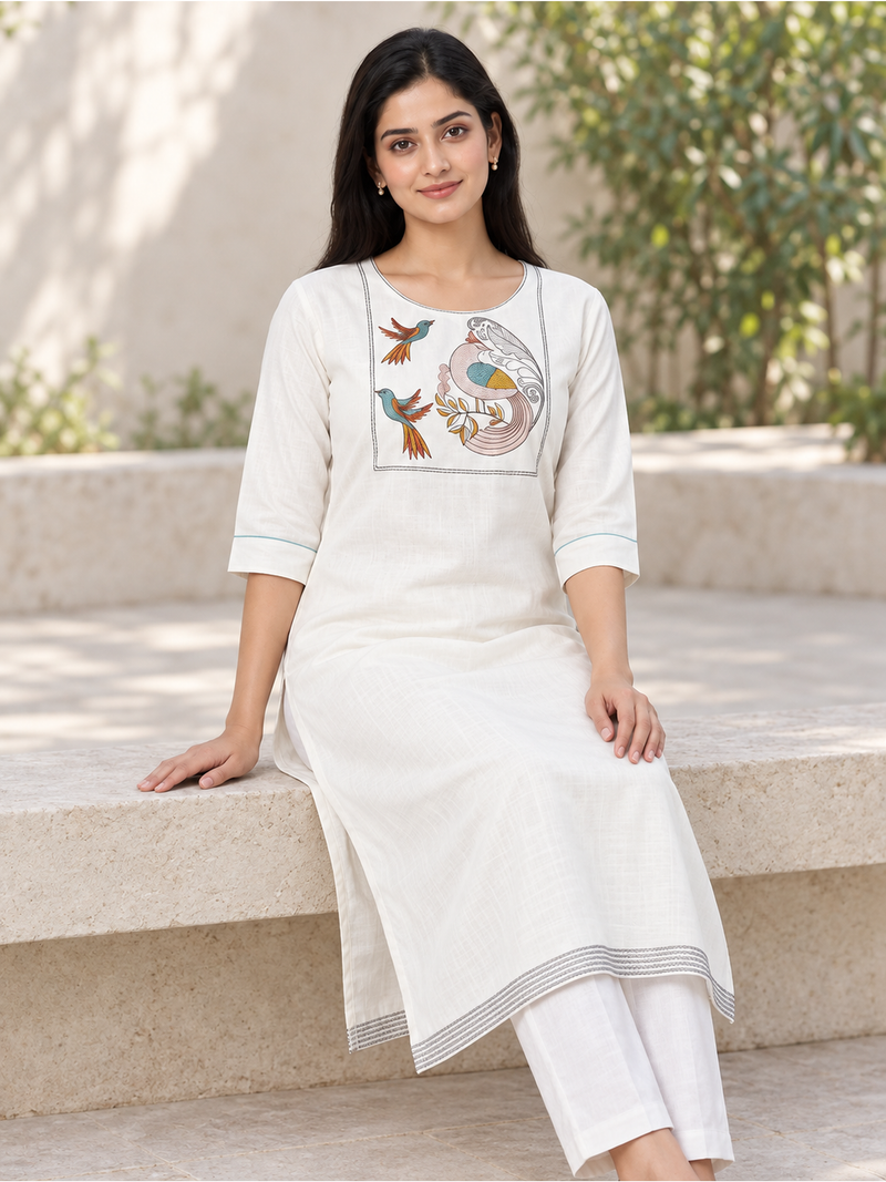 Off-White Bird Embroidered Cotton-Blend Kurti