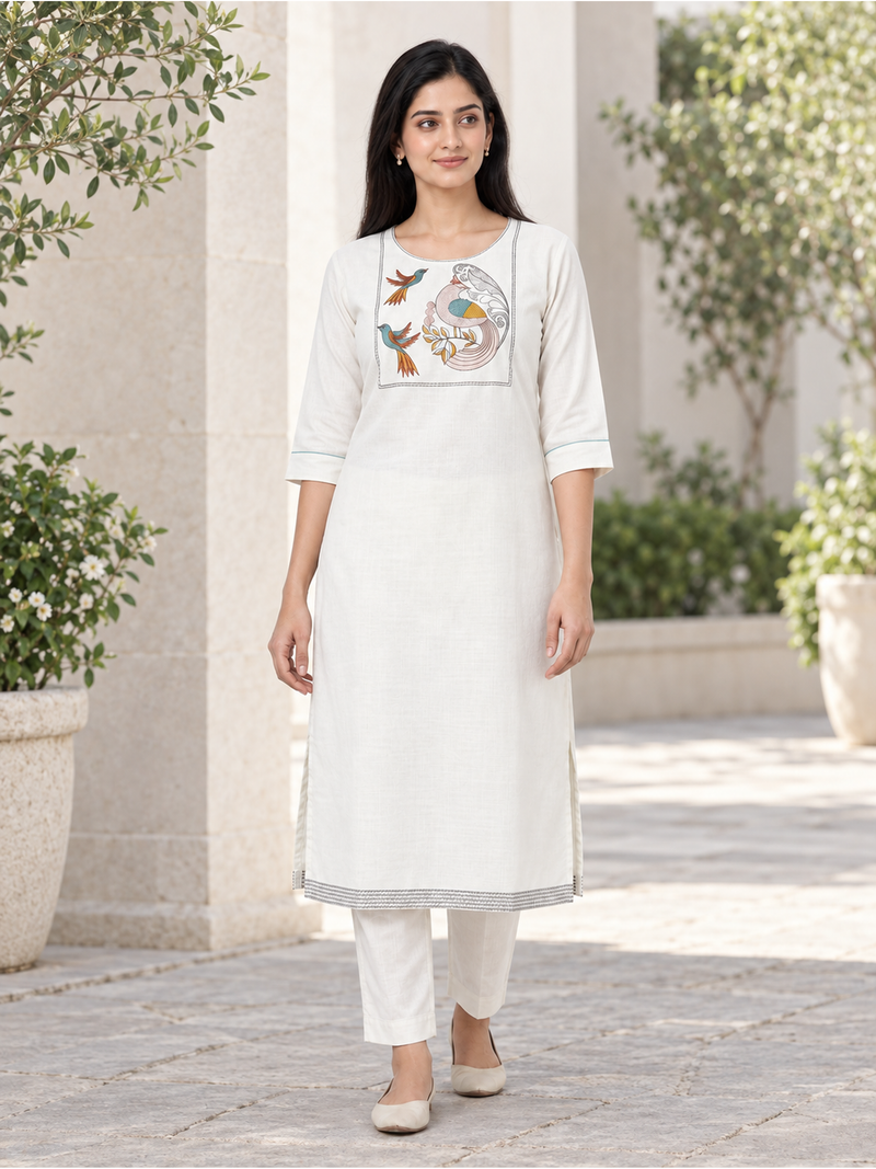 Off-White Bird Embroidered Cotton-Blend Kurti