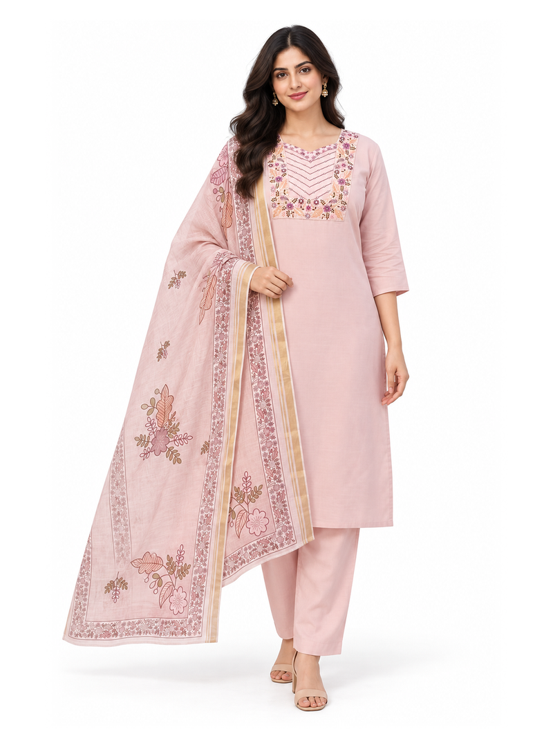 Blushing Peach Embroidered Chanderi Suit Set