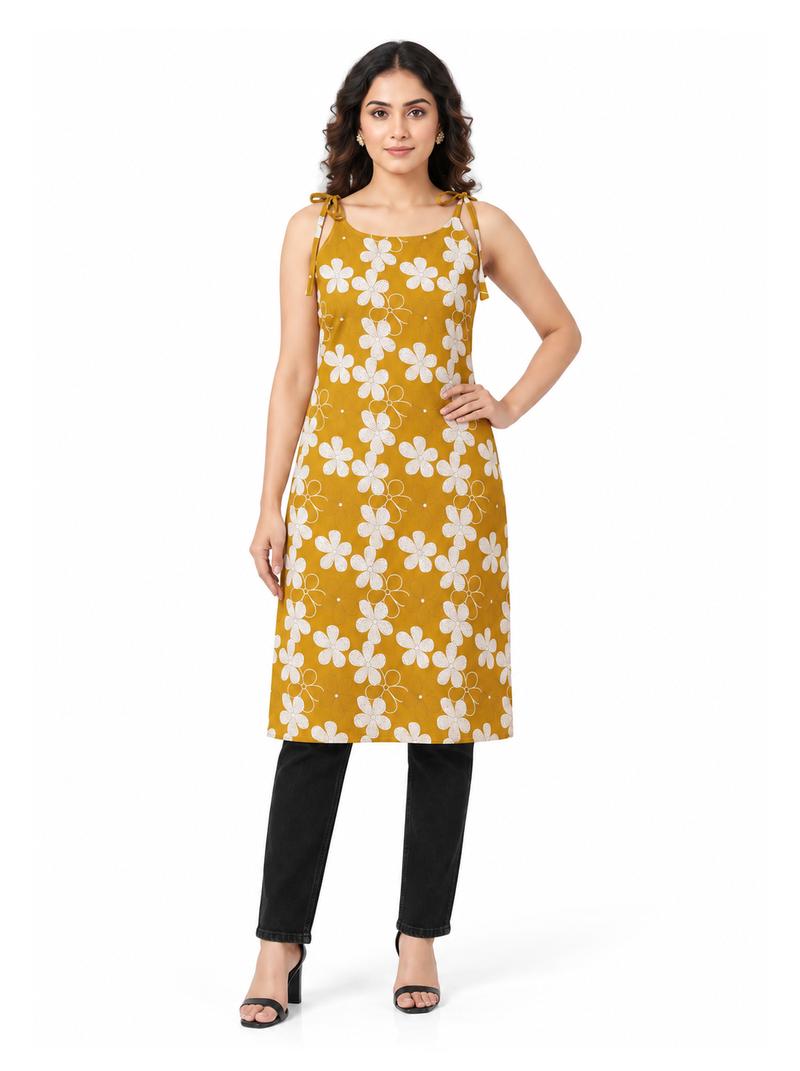 Mustard Floral Tie-Shoulder Cotton Kurti