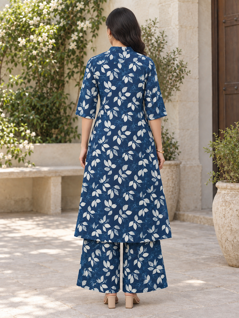 Navy Floral Rayon Kurta Palazzo Set