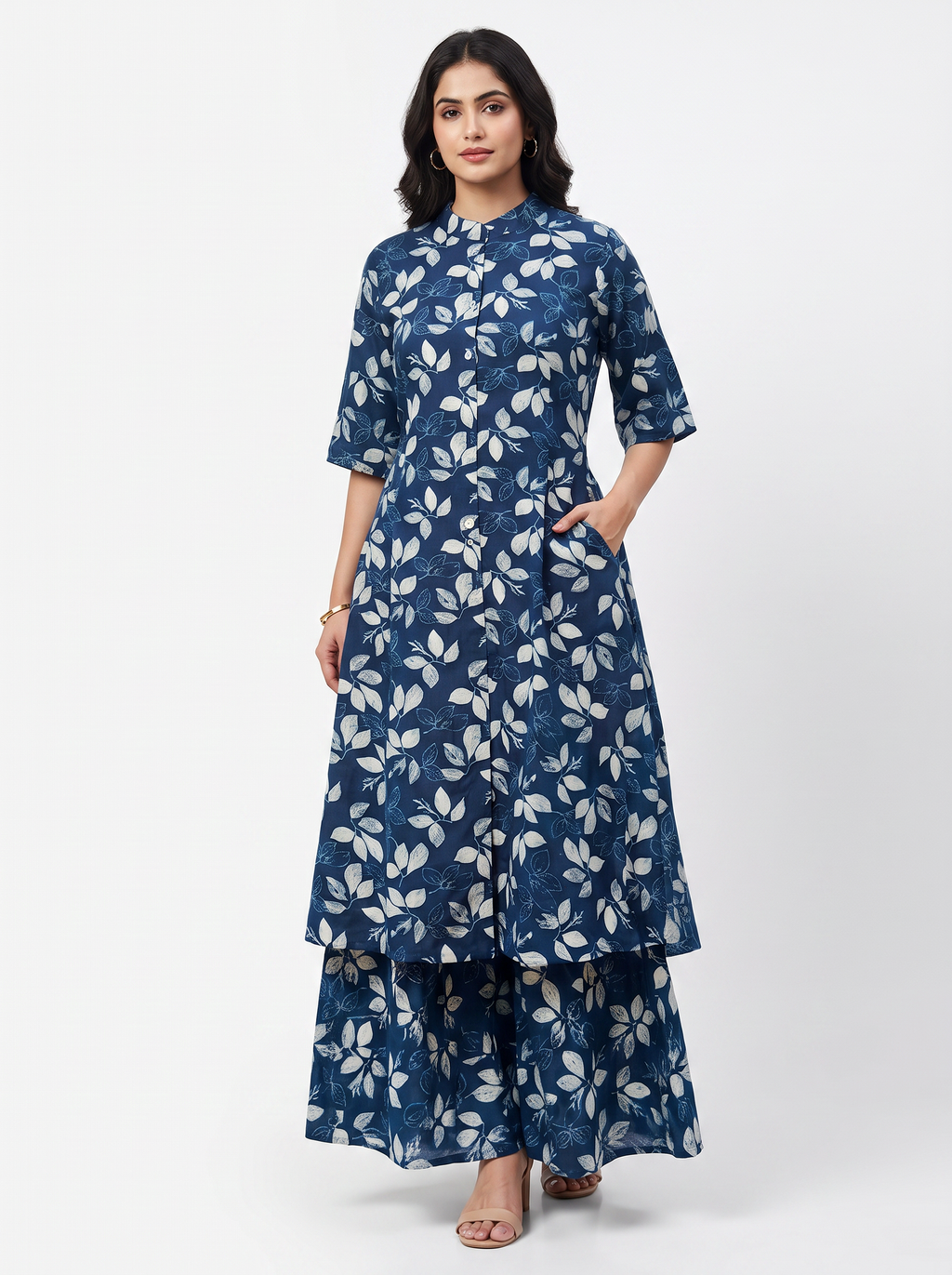 Navy Floral Rayon Kurta Palazzo Set - product view 1