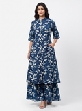 Navy Floral Rayon Kurta Palazzo Set - product view 1