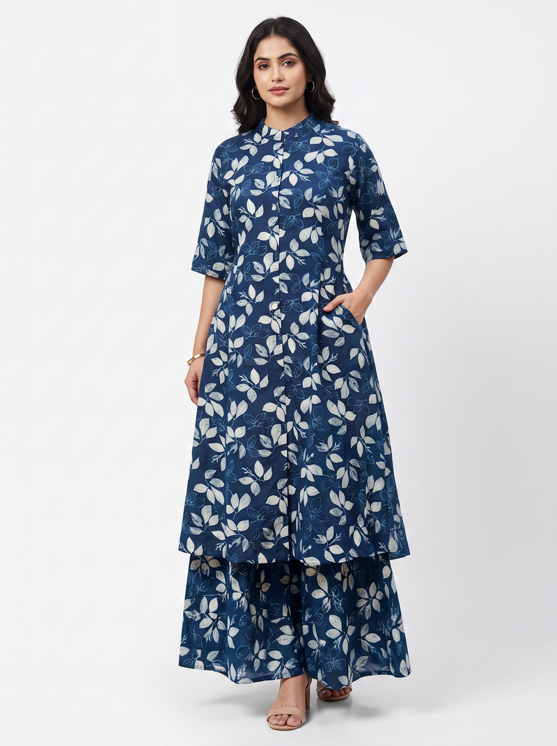 Navy Floral Rayon Kurta Palazzo Set