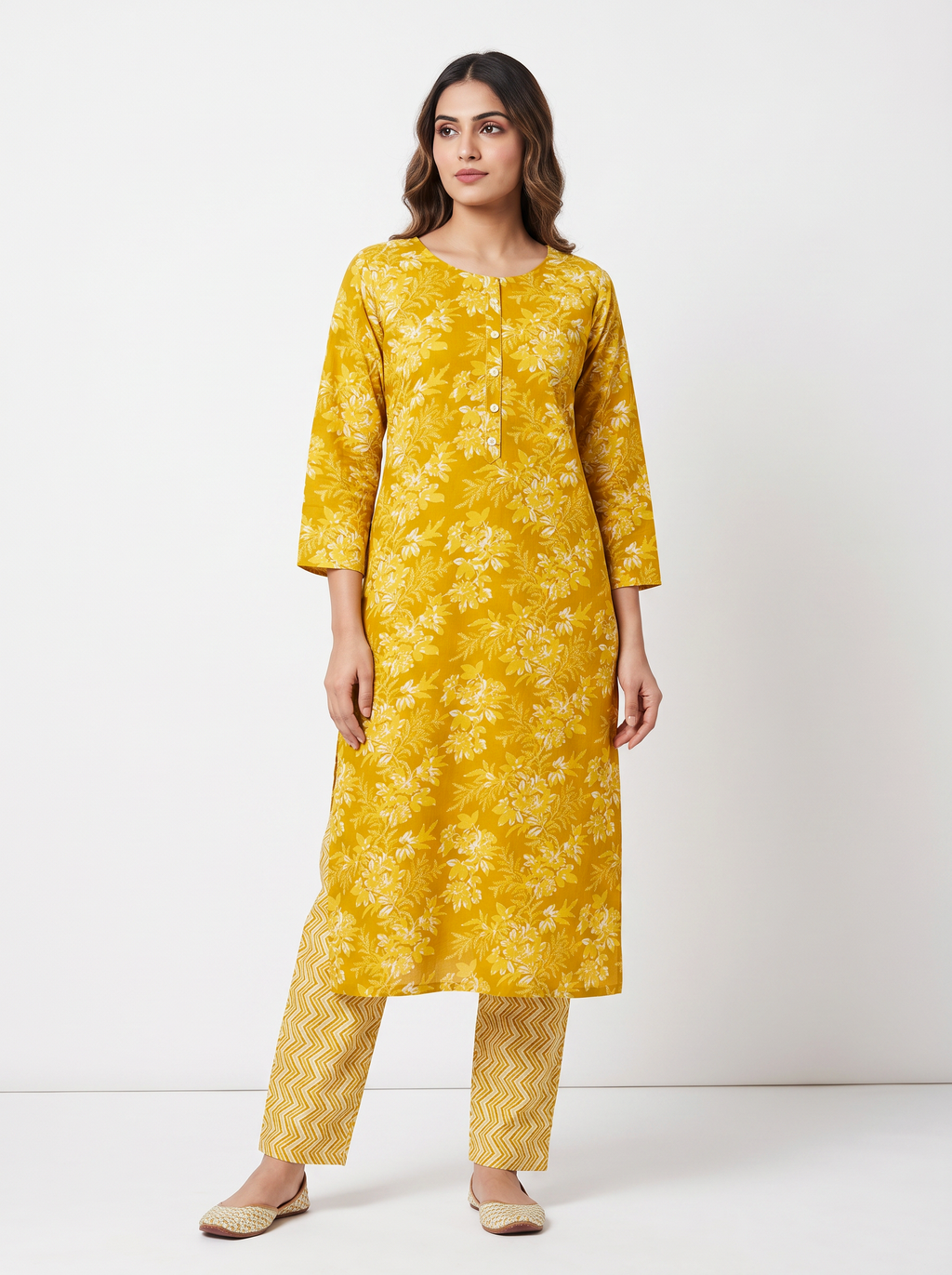Lime Yellow Floral Poly-Cotton Kurta Set - product view 1