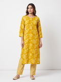Lime Yellow Floral Poly-Cotton Kurta Set - product view 1