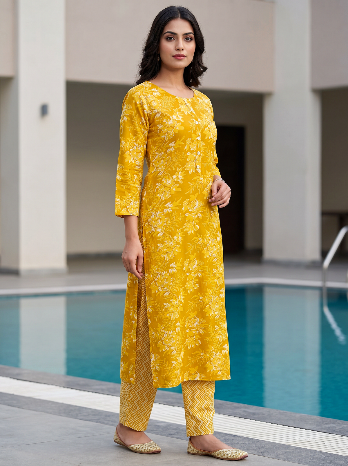 Lime Yellow Floral Poly-Cotton Kurta Set - product view 2