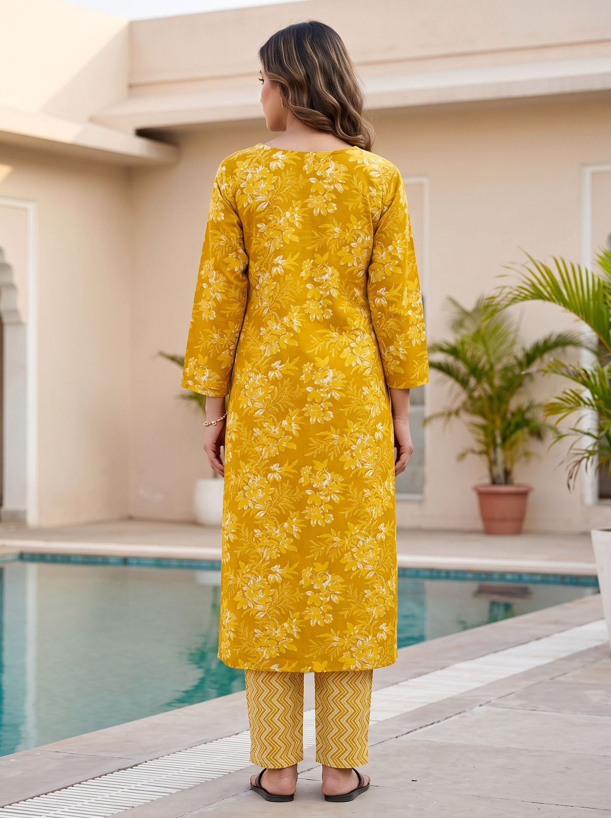 Lime Yellow Floral Poly-Cotton Kurta Set - product view 3