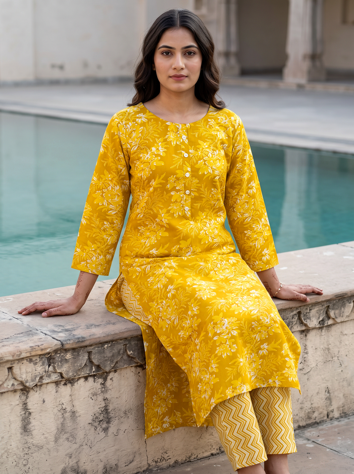 Lime Yellow Floral Poly-Cotton Kurta Set - product view 4