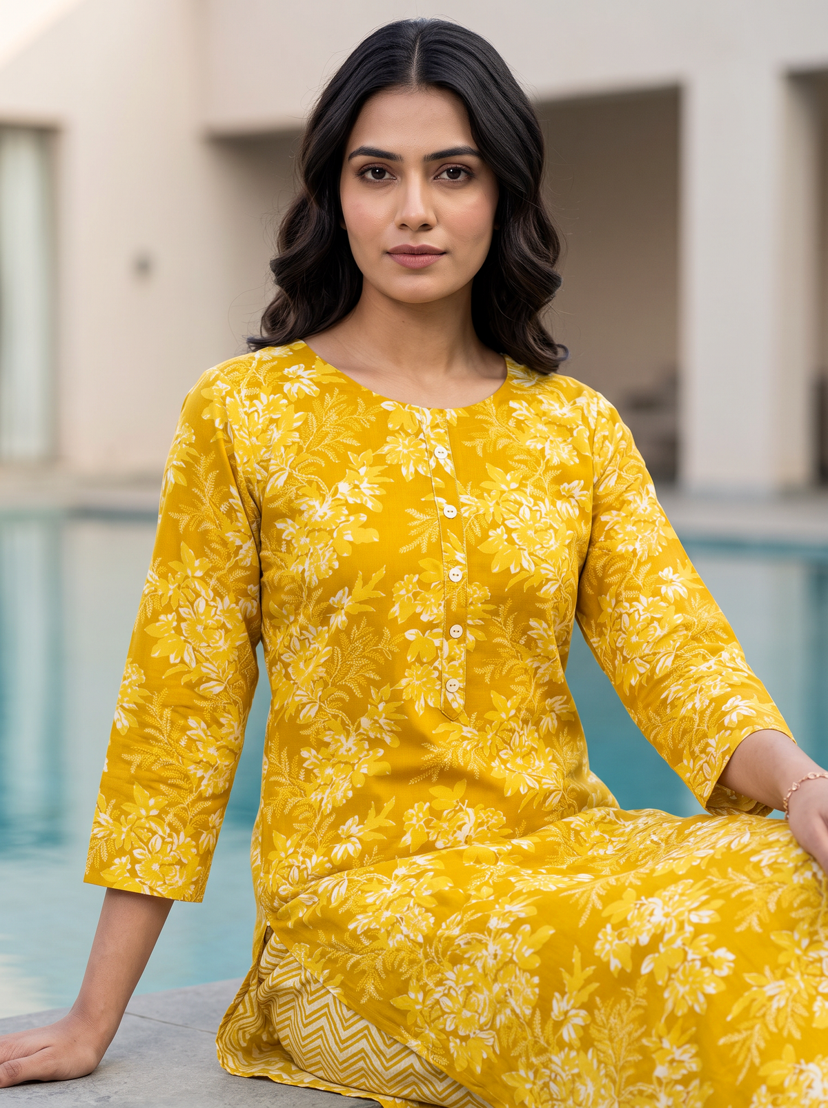 Lime Yellow Floral Poly-Cotton Kurta Set - product view 5