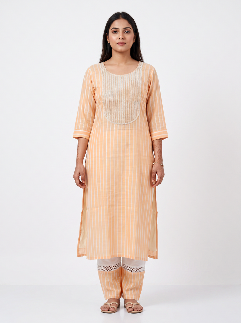 Light Orange Striped Cotton Kurta Pant Set