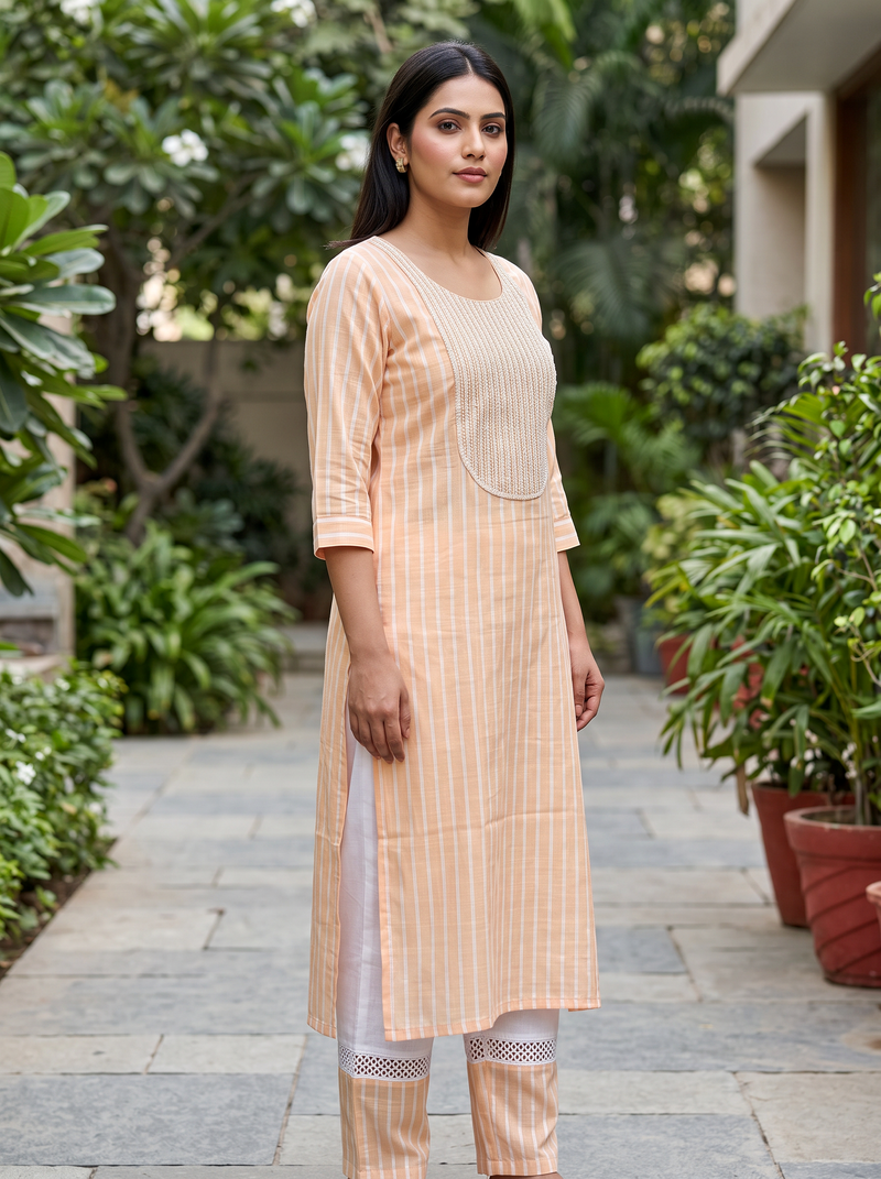 Light Orange Striped Cotton Kurta Pant Set