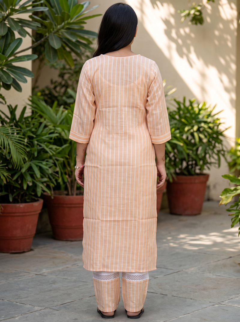 Light Orange Striped Cotton Kurta Pant Set
