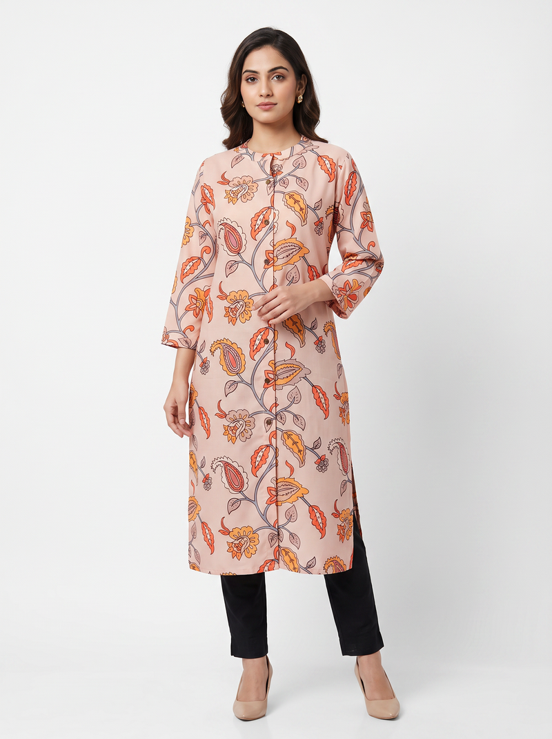 Light Brown Paisley Print Poly-Cotton Kurti