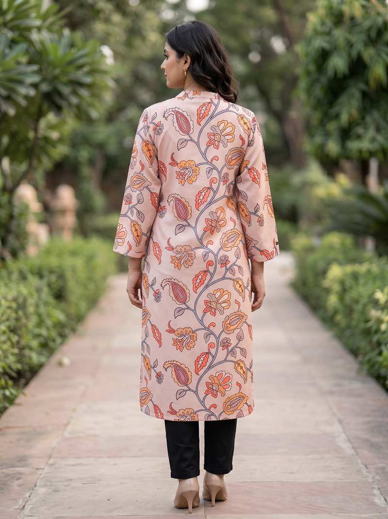 Light Brown Paisley Print Poly-Cotton Kurti