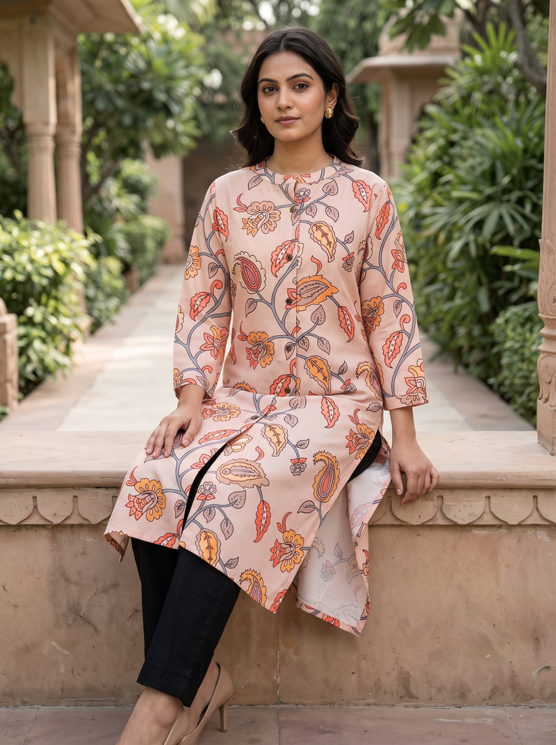 Light Brown Paisley Print Poly-Cotton Kurti