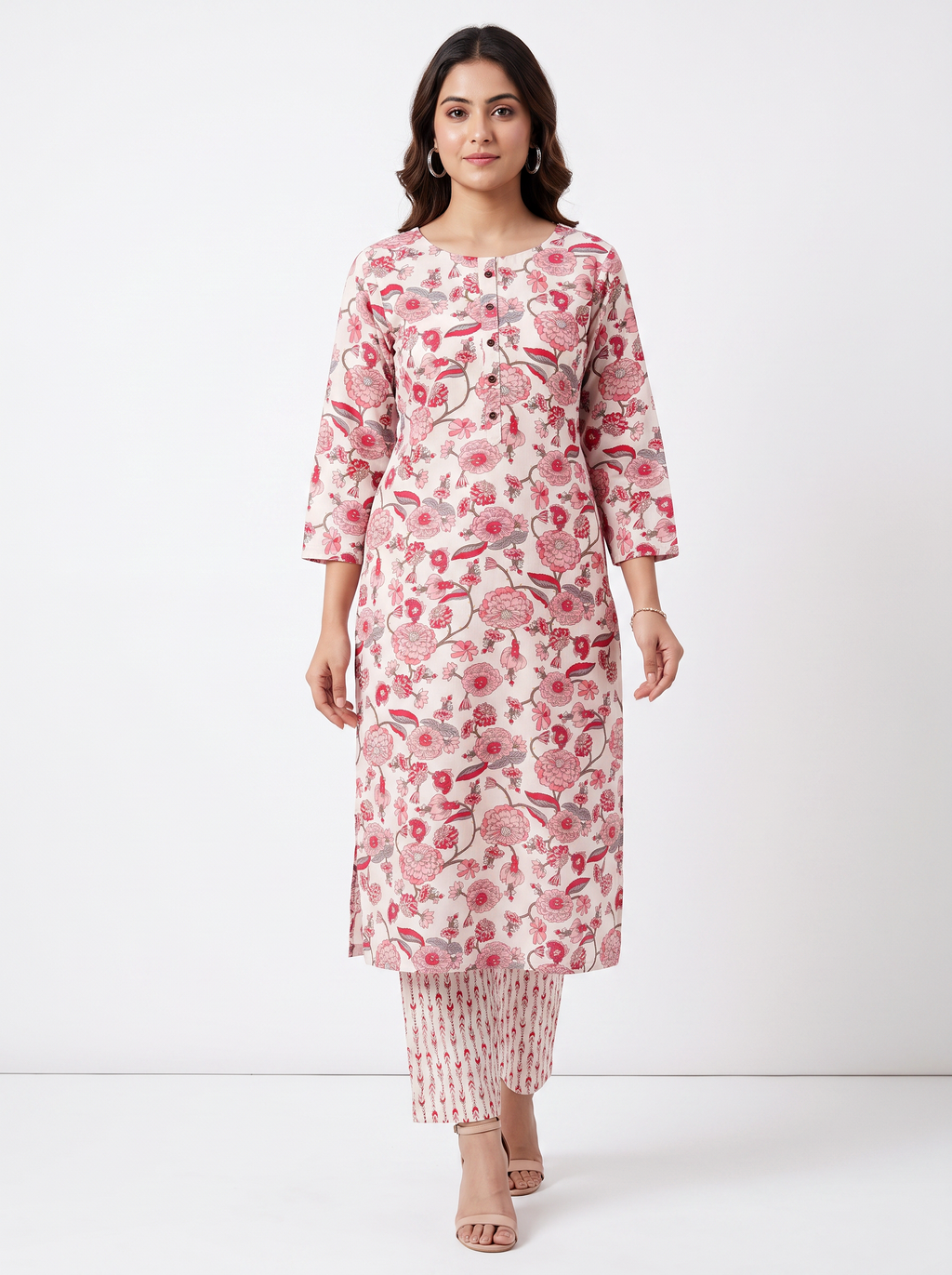 Light Pink Beige Floral Poly-Cotton Kurta Set - product view 1