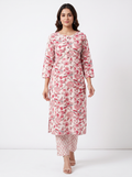 Light Pink Beige Floral Poly-Cotton Kurta Set - product view 1